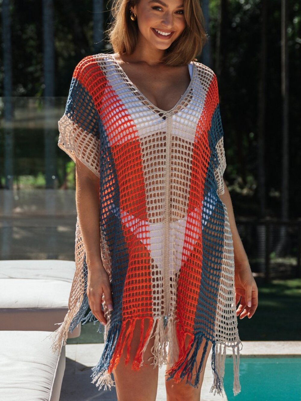 NWOT Multicolor Striped Tassel Crochet V Neck Beach Cover Up